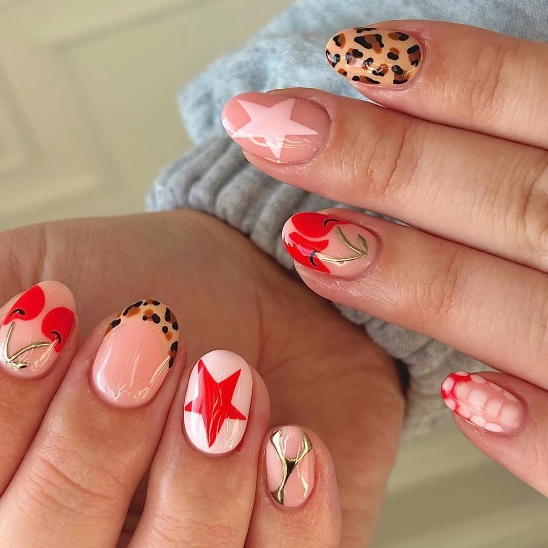 august nails color 2026 + Red Stars Leopard Spots and Graphic Nail Art