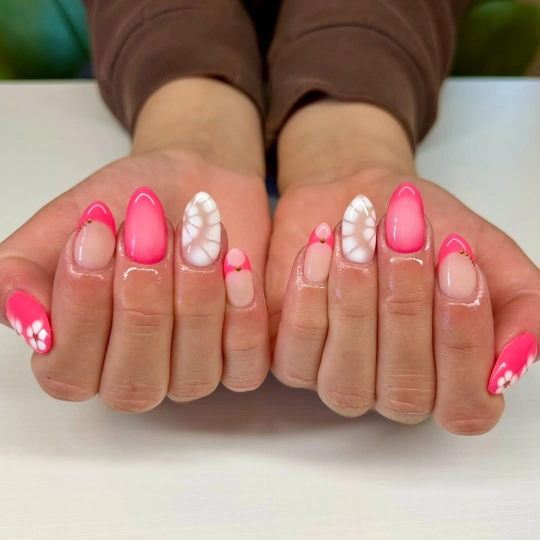 august nails color 2026 + Hot Pink French Tips With White 3D Texture