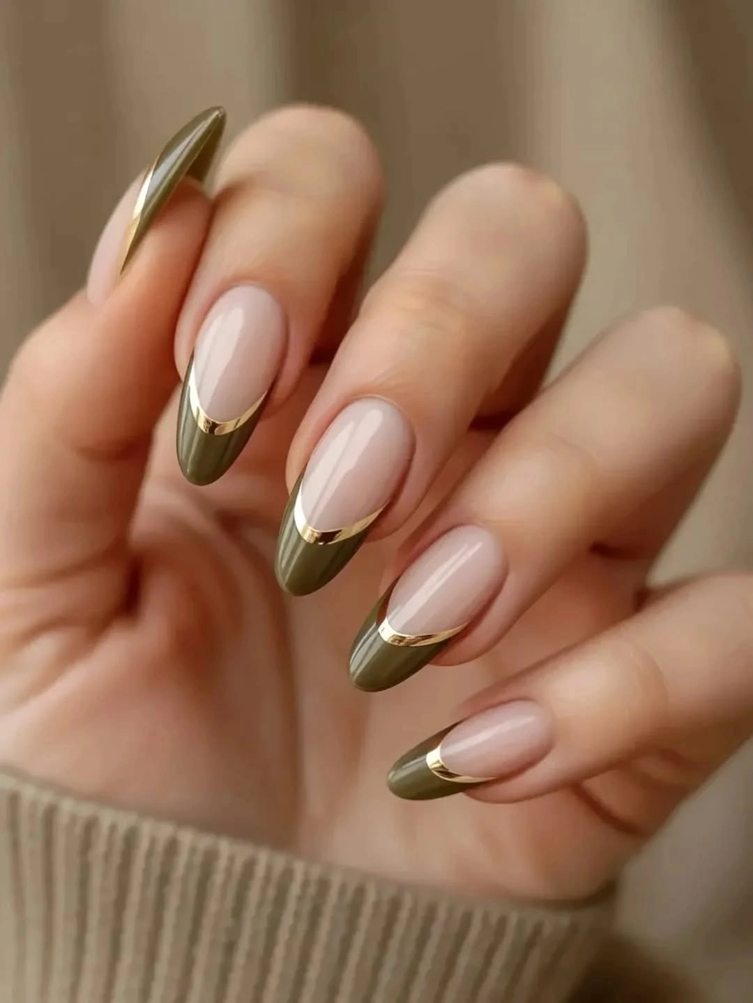 august nails ideas 2026 + Olive Green French Tips Framed in Gold