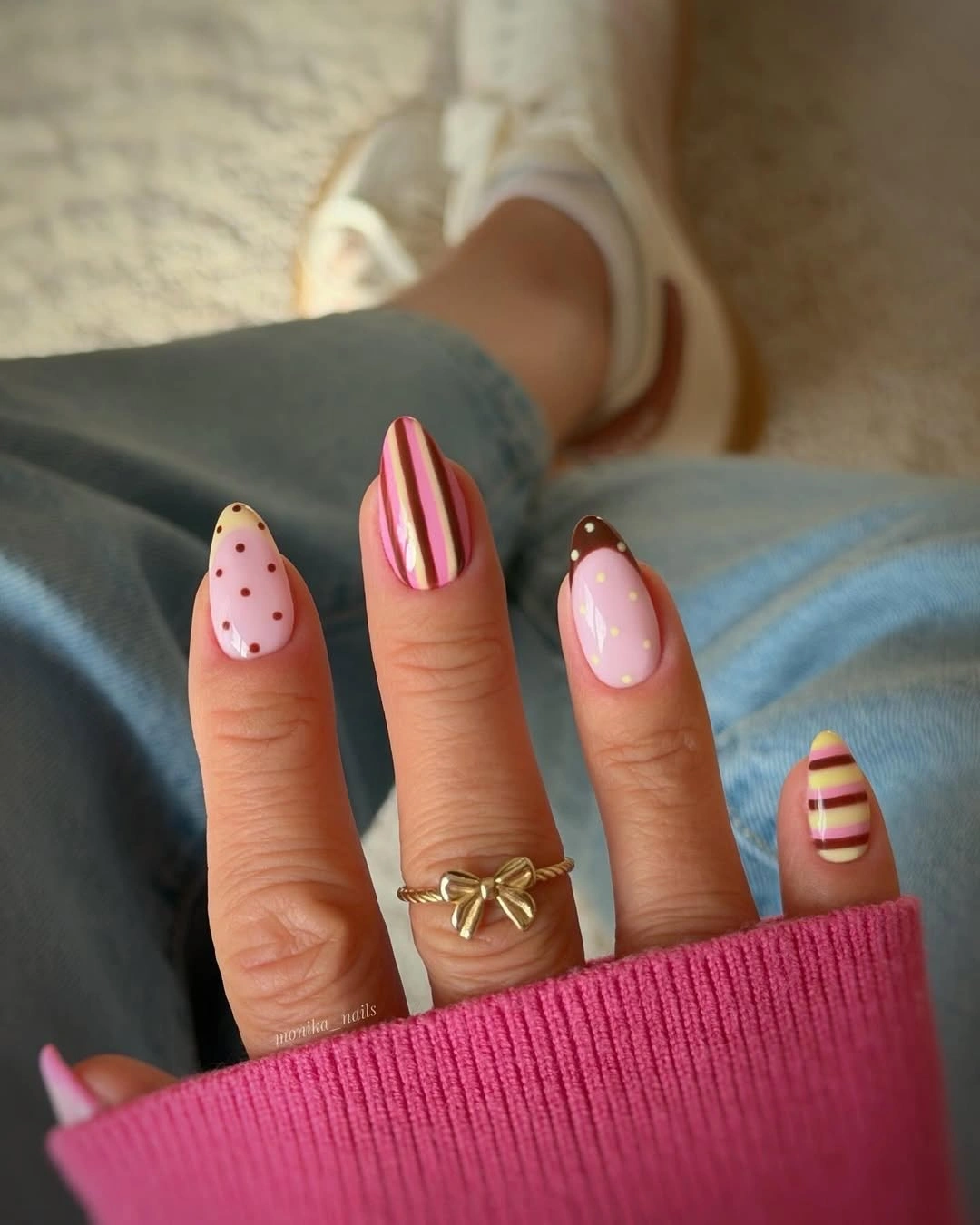 august nails ideas 2026 + Pink and Chocolate Stripe Nails for Late Summer