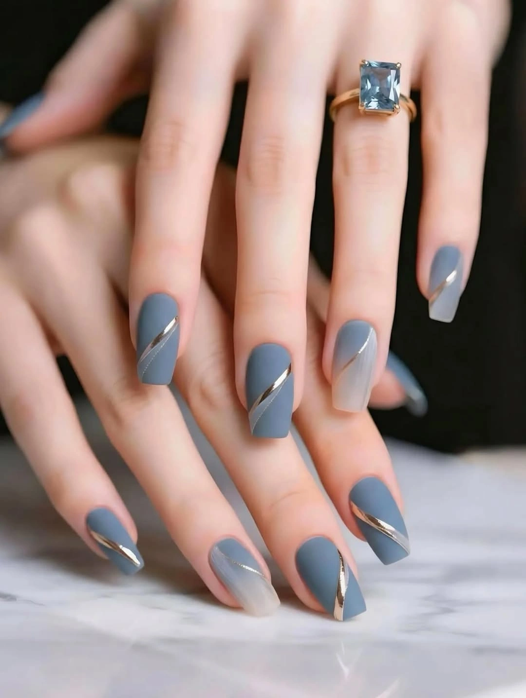 august nails ideas 2026 + Slate Blue Square Nails With Fine Gold Ribbons