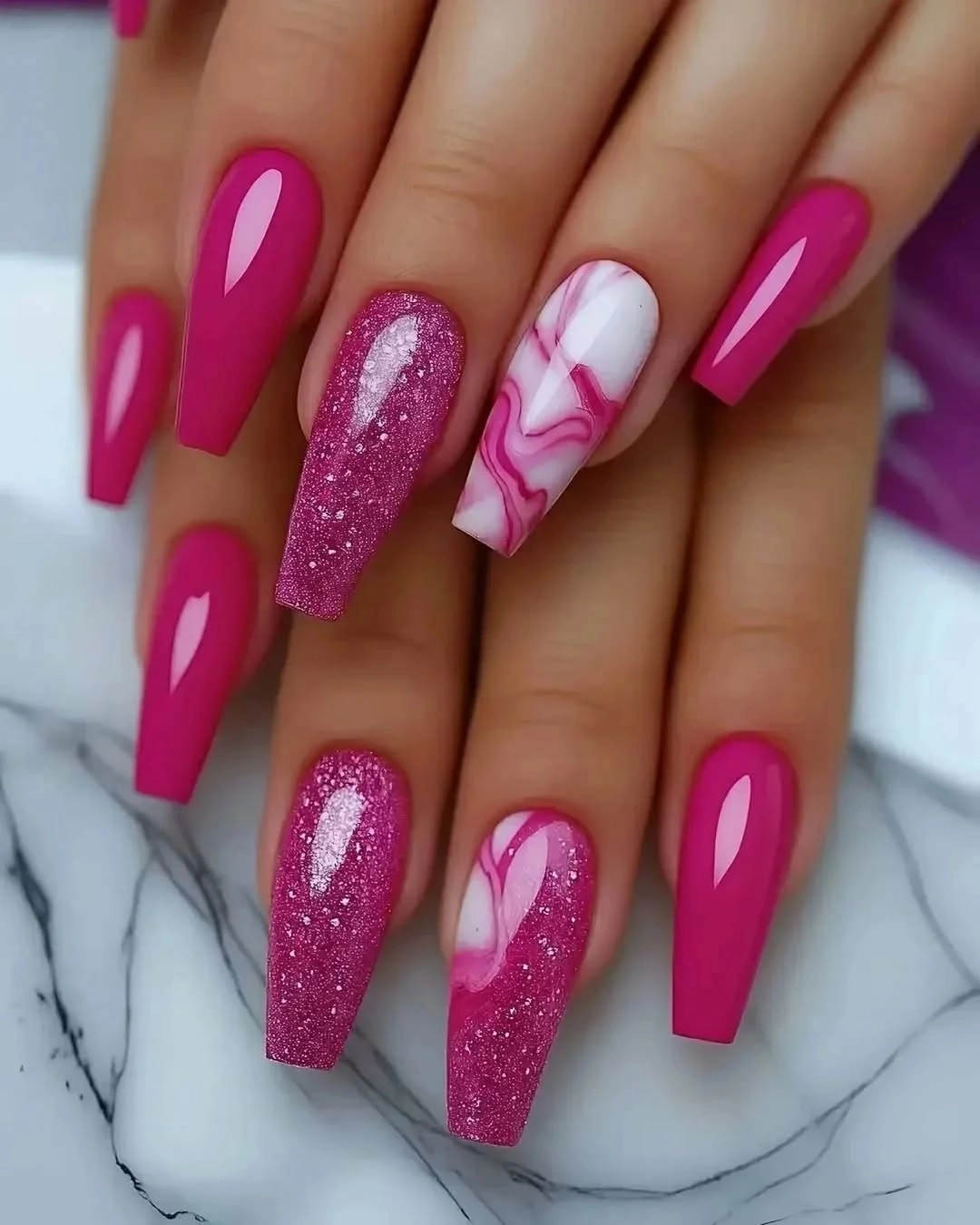 august nails ideas 2026 + Hot Pink Coffin Nails With Glitter and Marble Swirls
