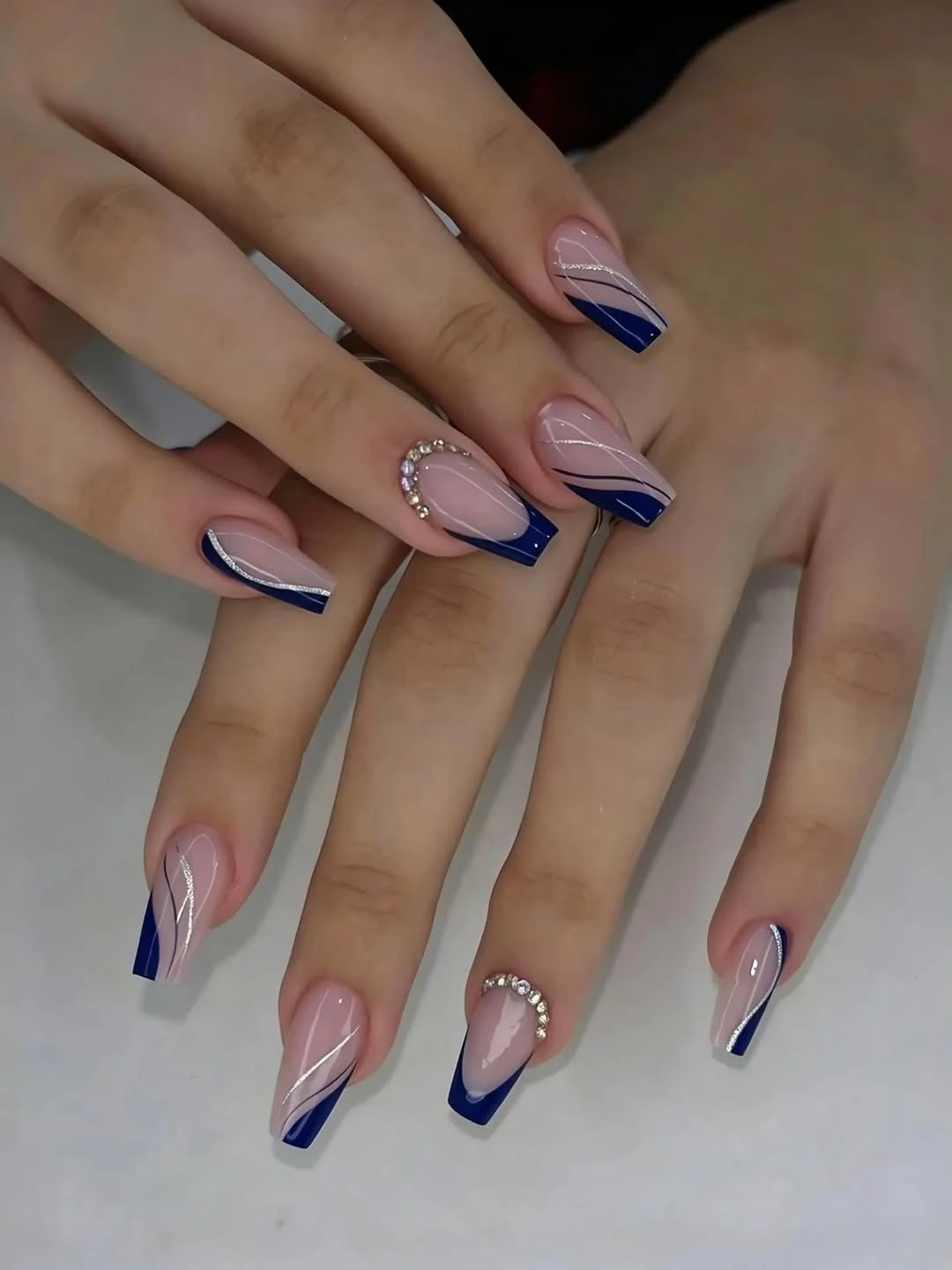 august nails ideas 2026 + Navy Square French Tips With Silver Linework