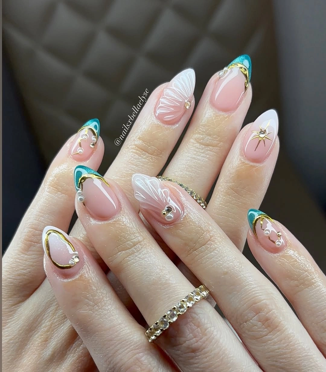 august nails ideas 2026 + Teal Shell Art With Pearls and Gold Details