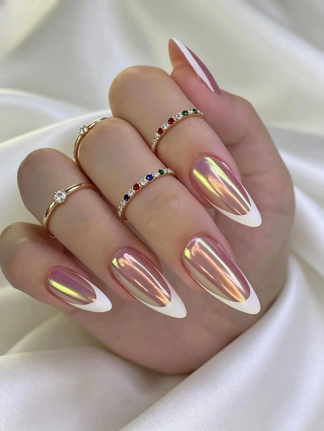 august nails ideas 2026 + Glazed Chrome Almond Nails With White Tips