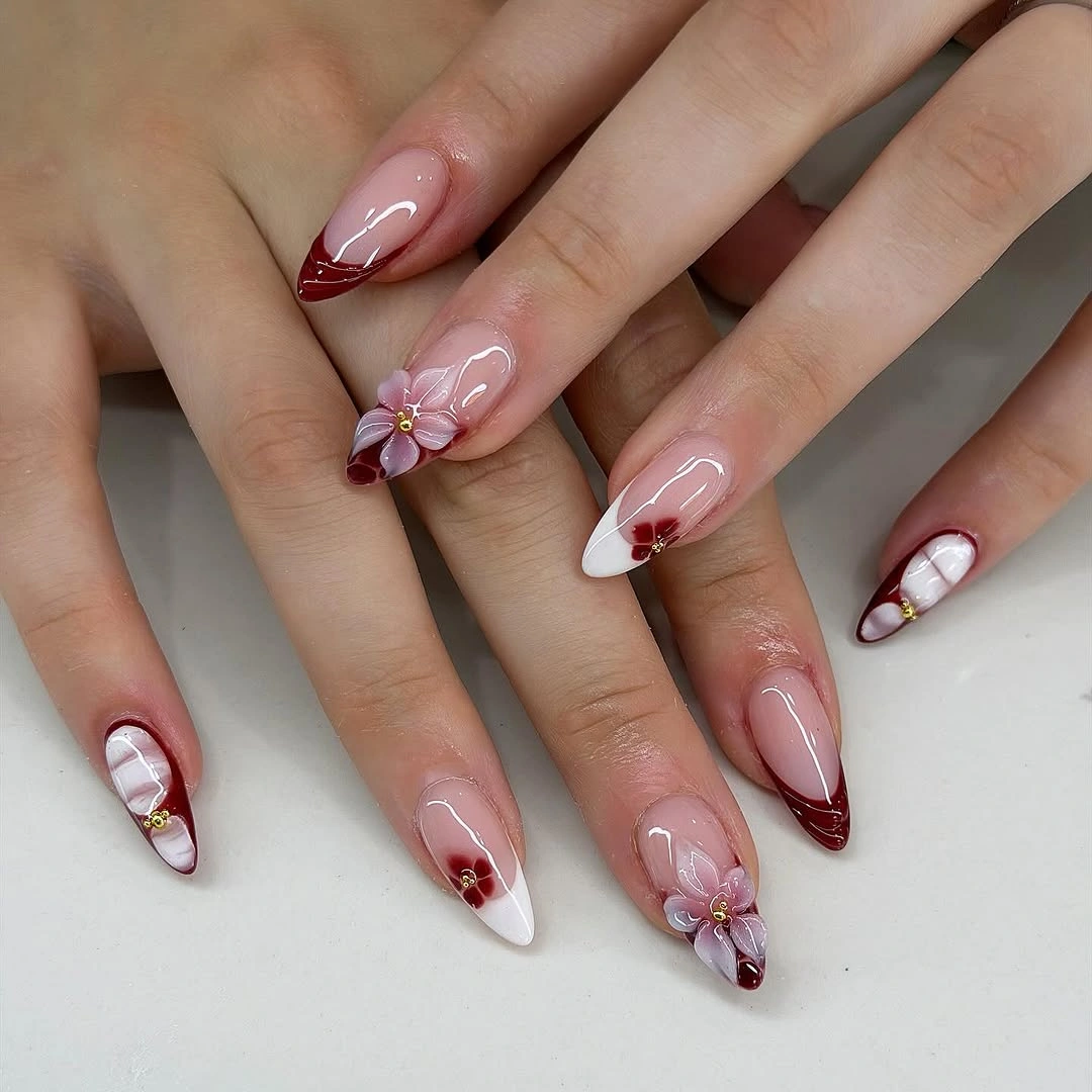 august nails ideas 2026 + Burgundy Petals and Glossy Floral French Nails
