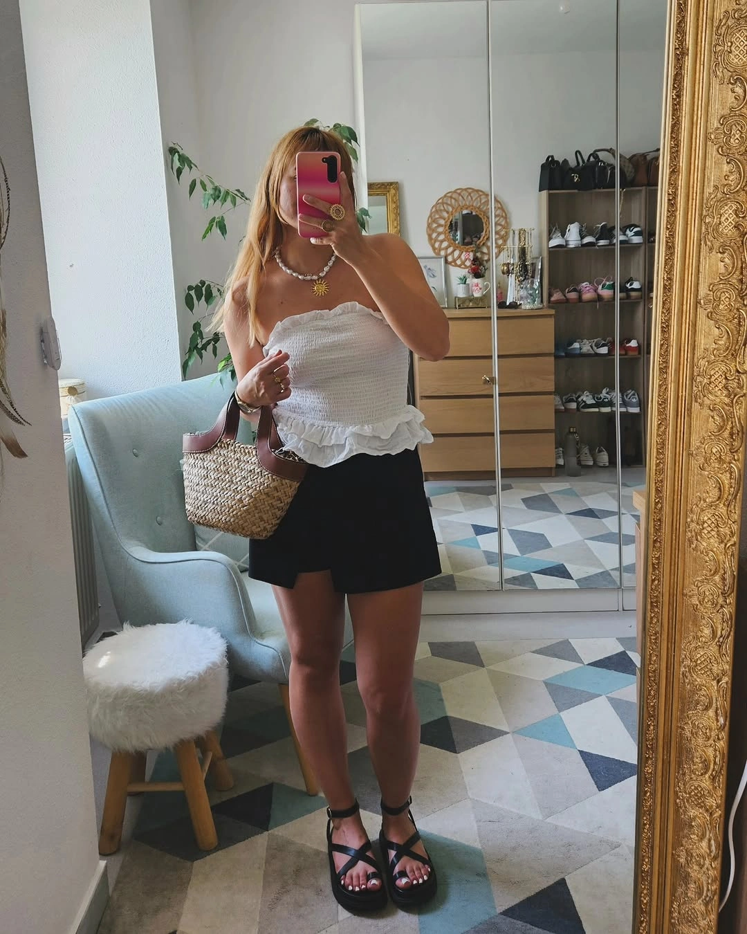 august outfits 2026 + White Ruffle Top and Black Mini Skirt for a Hot August Afternoon