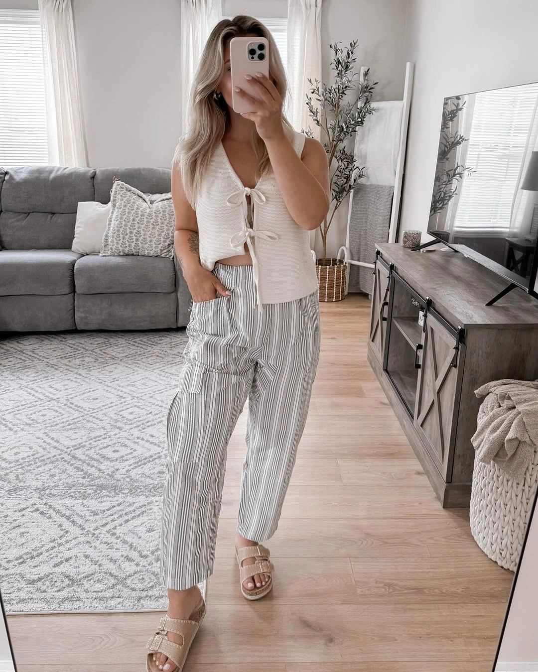 august outfits 2026 + Tie Front Knit Vest and Striped Cargo Pants for Slow August Days