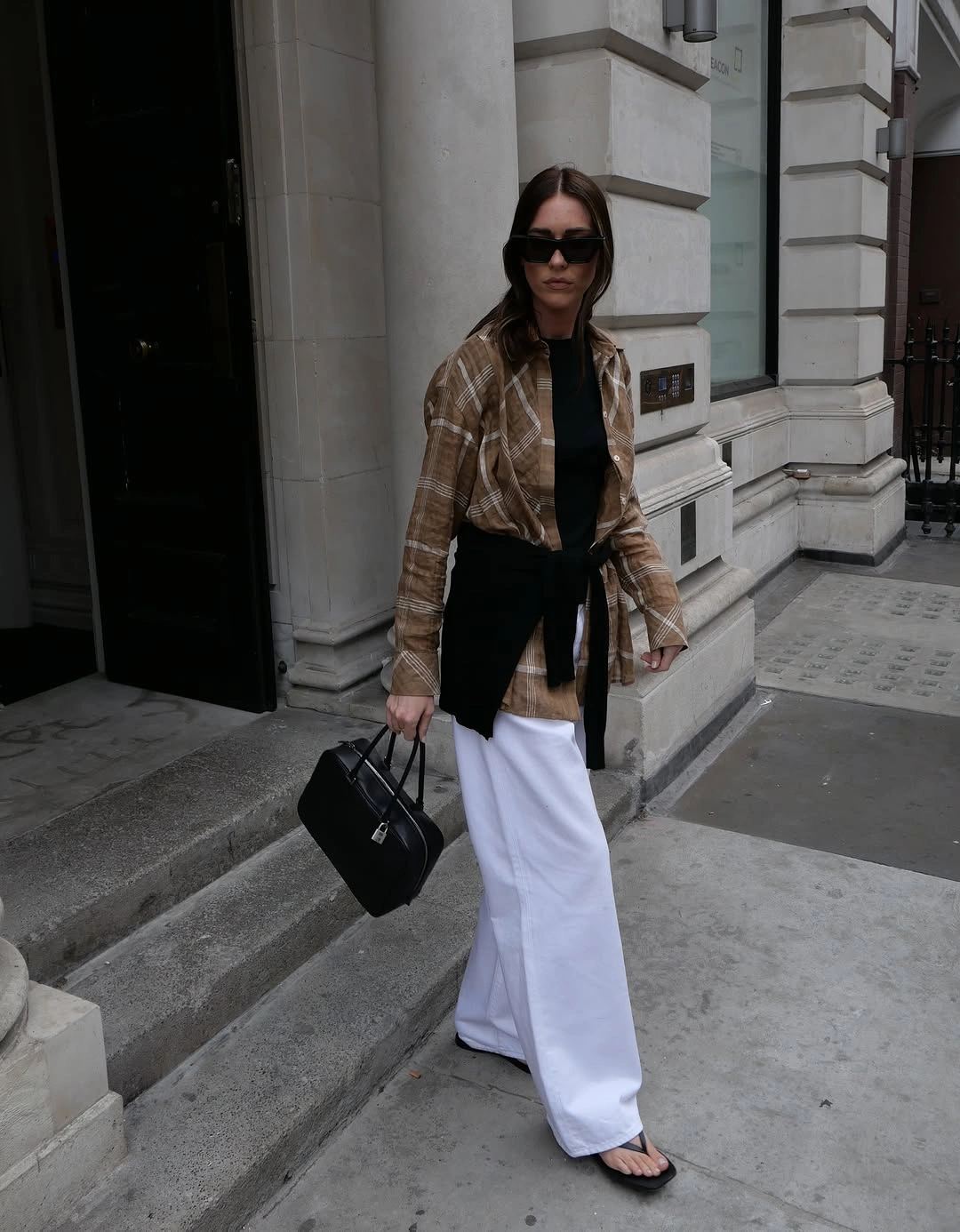 august outfits 2026 + Plaid Overshirt and White Wide Leg Trousers for the First Cool Evenings