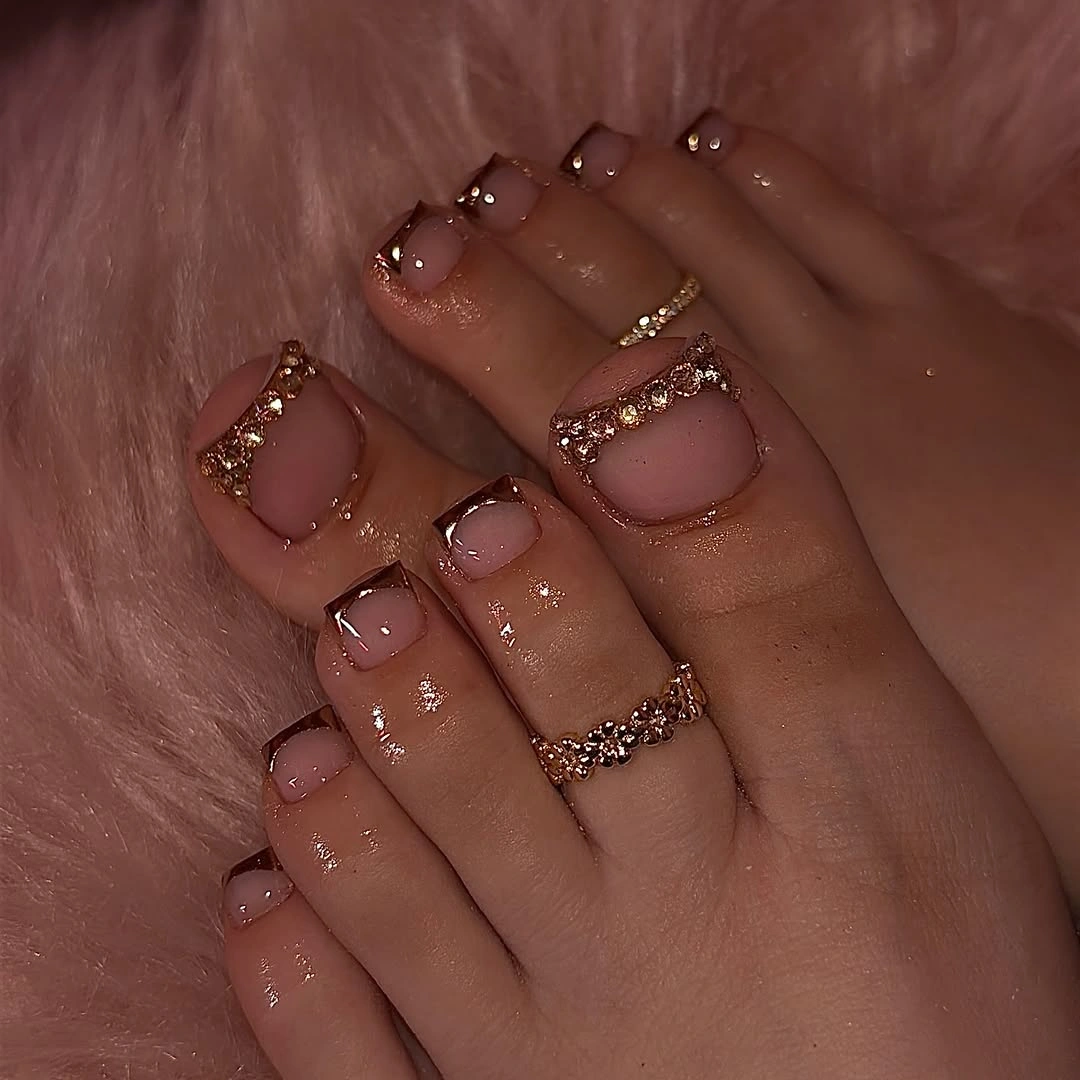 august toe nails 2026 + Rose Gold French Tips With Sparkling Gems