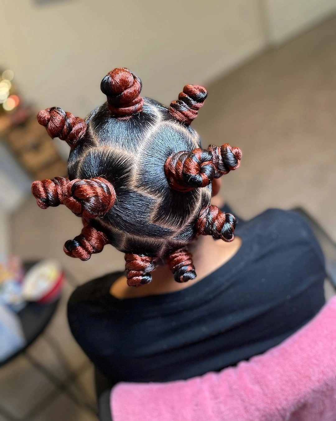 bantu knots hairstyles Cherry-Toned Knots With High Shine Parts