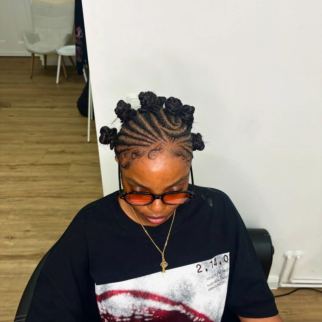 bantu knots hairstyles Curved Cornrow Knots With Tinted Sunglasses