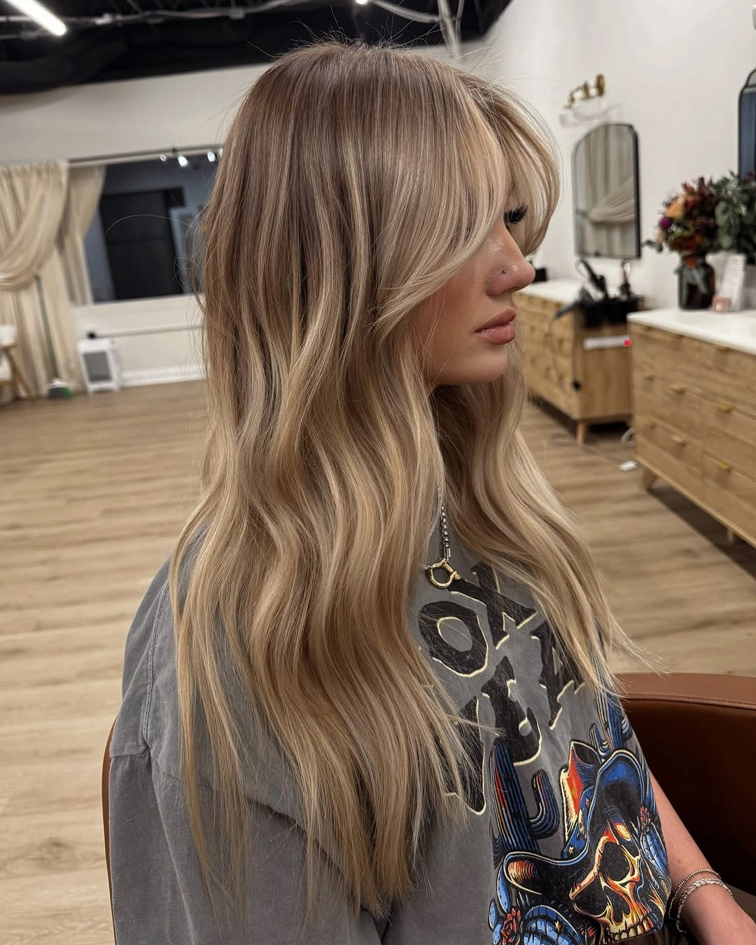 beige blond hair color Beige Blonde Shaggy Layers With Bangs