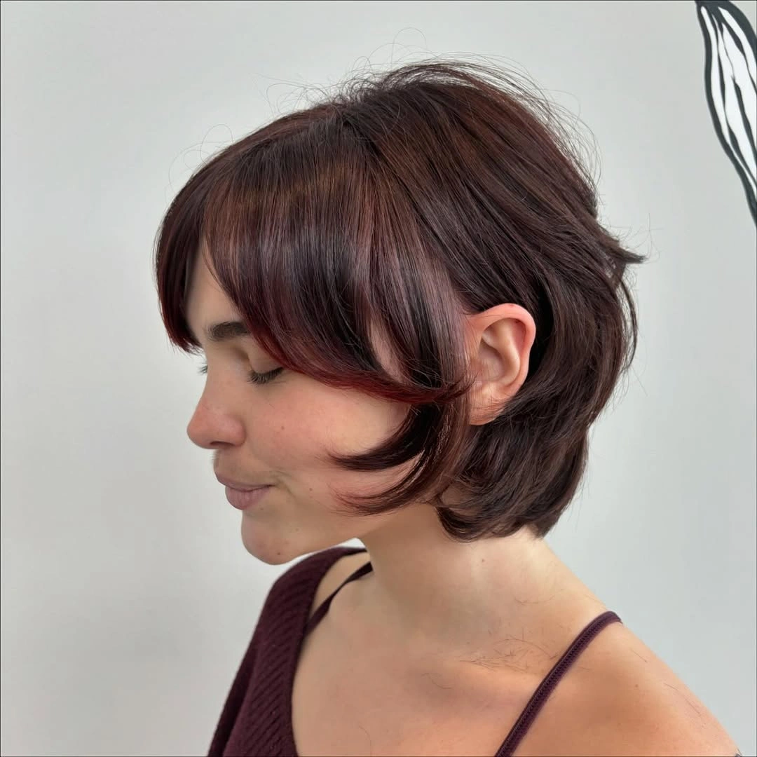 bixie haircut Burgundy Long Bixie With Sweeping Curtain Pieces