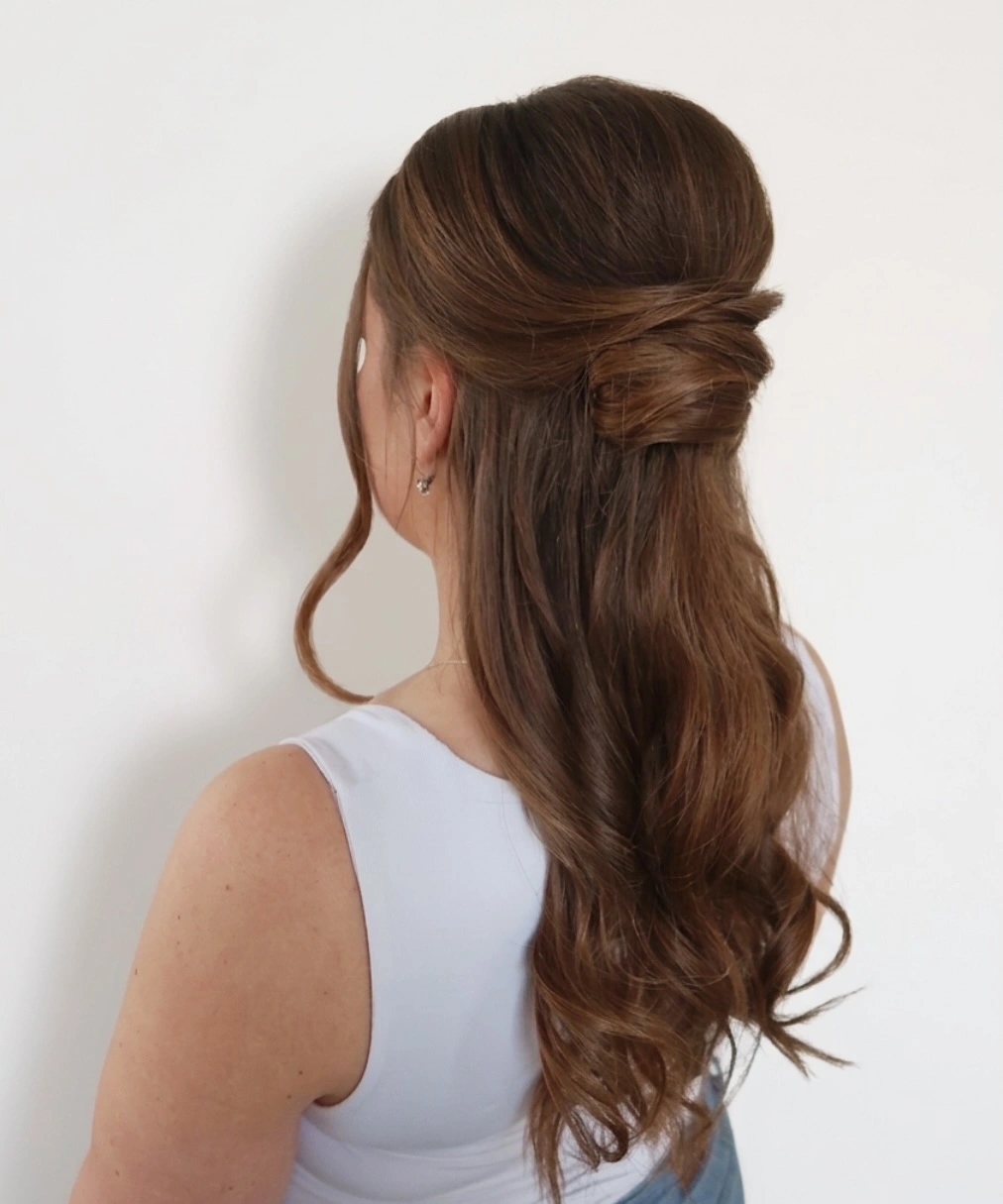 bridesmaid hairstyling Minimal Half-Up Knot For Auburn Hair