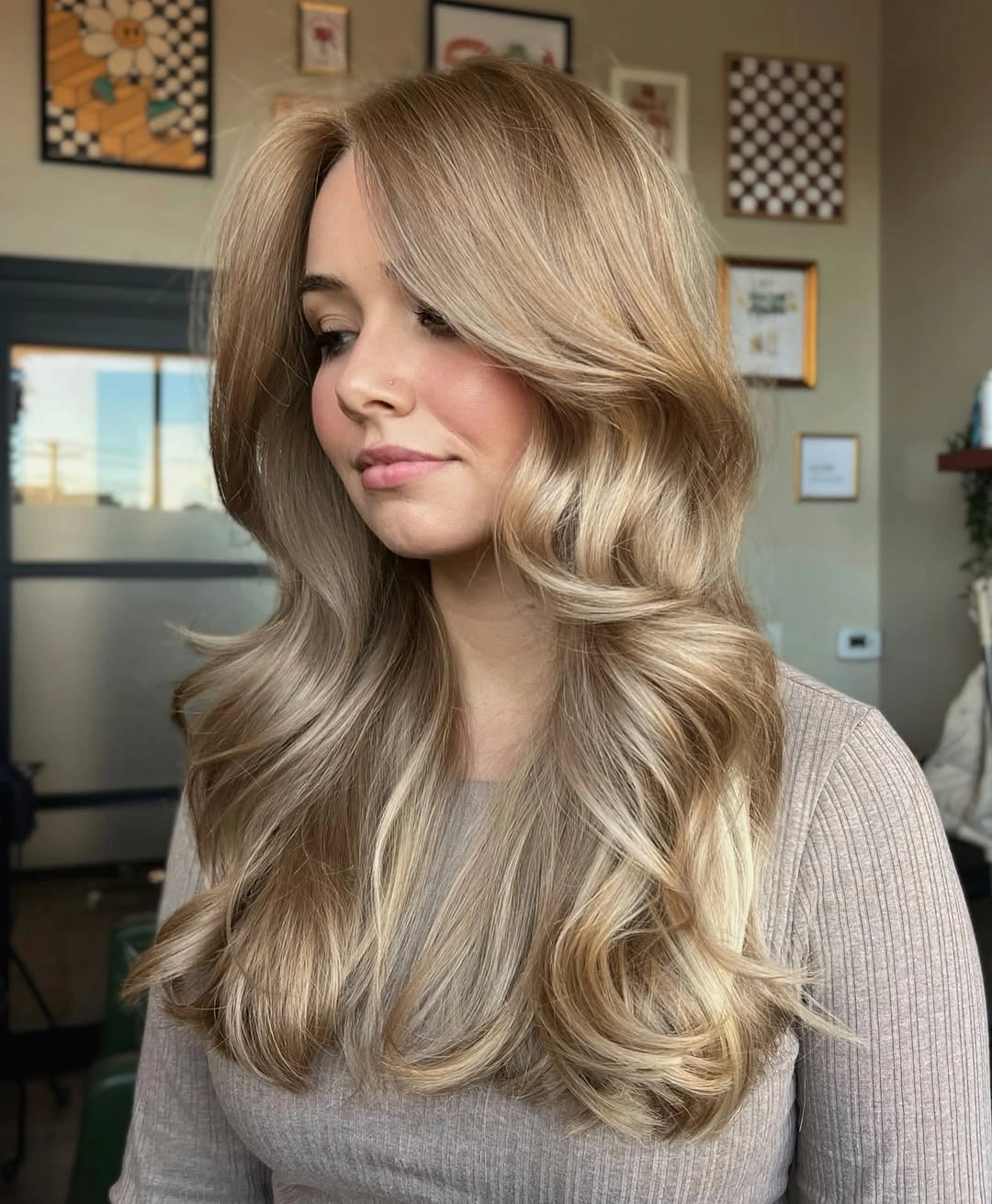 dirty blonde hair color Champagne Dirty Blonde With Soft Curtain Movement