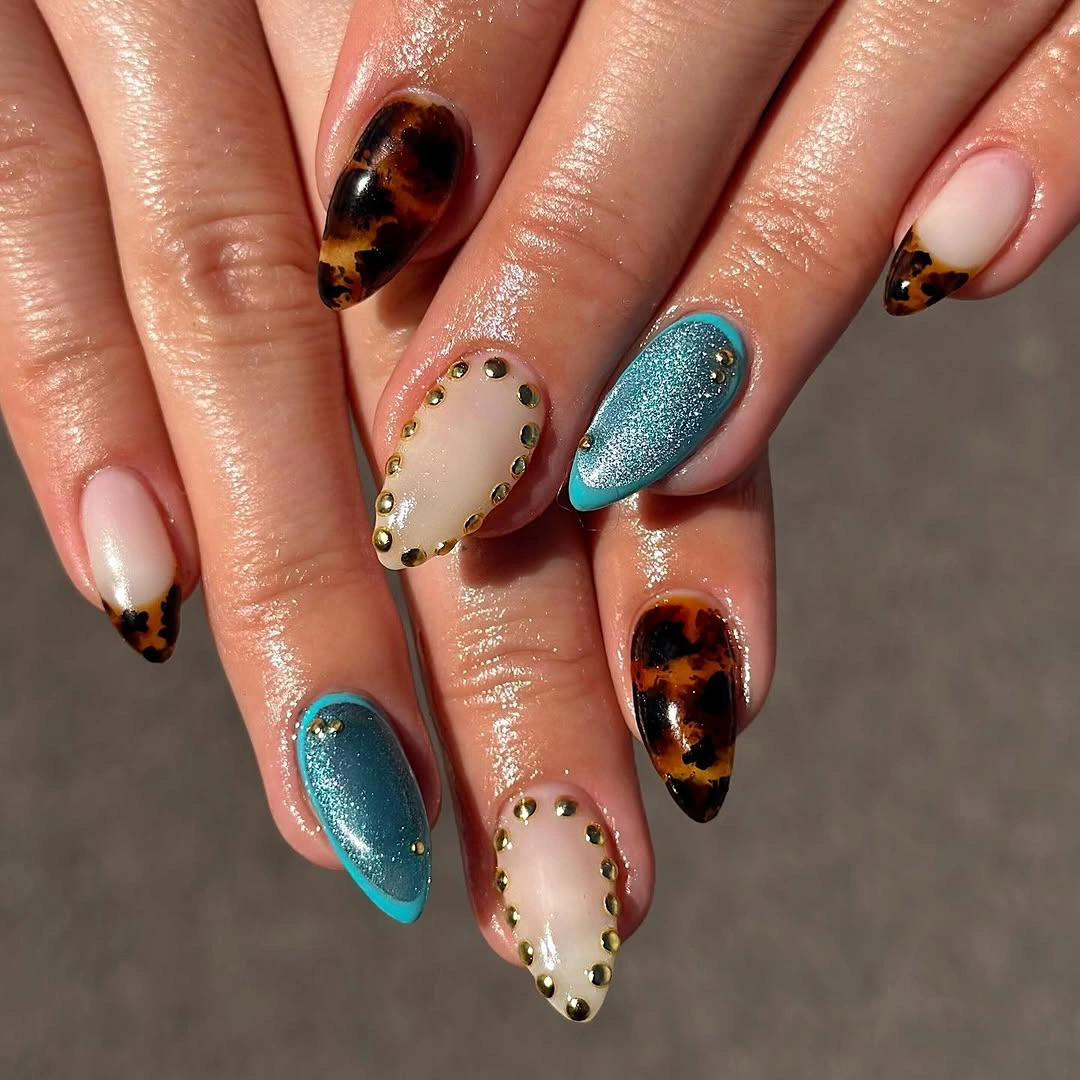 fall almond nails 2026 Tortoise Almond Nails With Turquoise Glitter