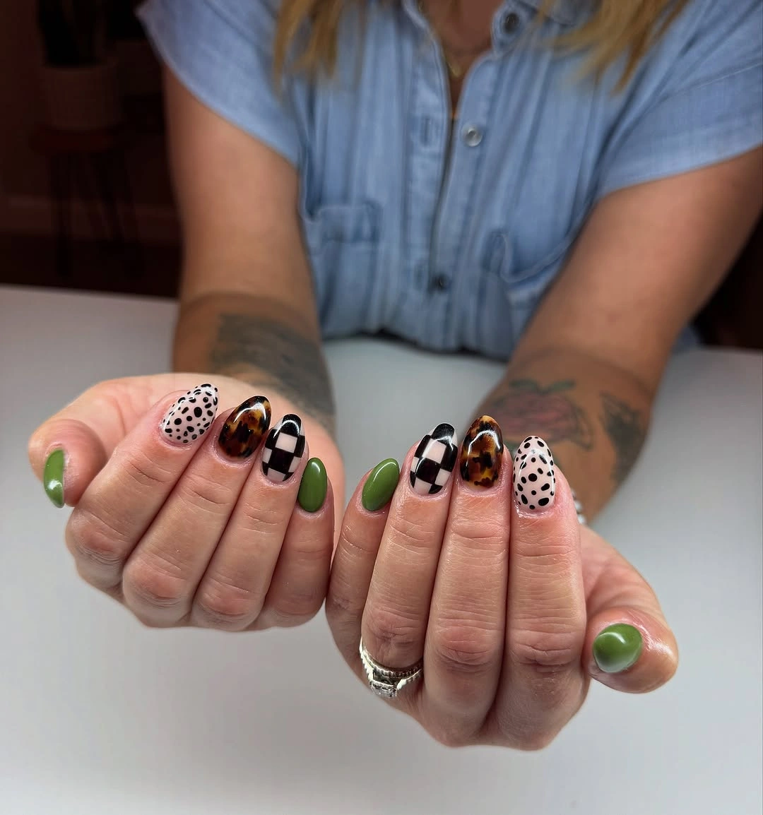 fall almond nails 2026 Olive And Dot Almond Nails With Tortoise Spots