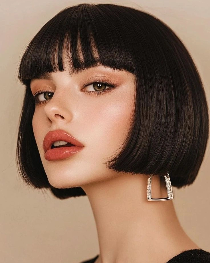 fall bob haircut ideas 2026 Glossy French Bob With Micro Bangs
