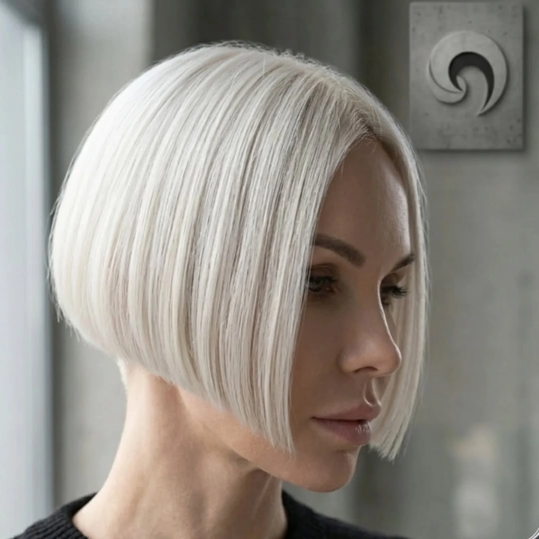 fall bob haircut ideas 2026 Icy Platinum Angled Bob