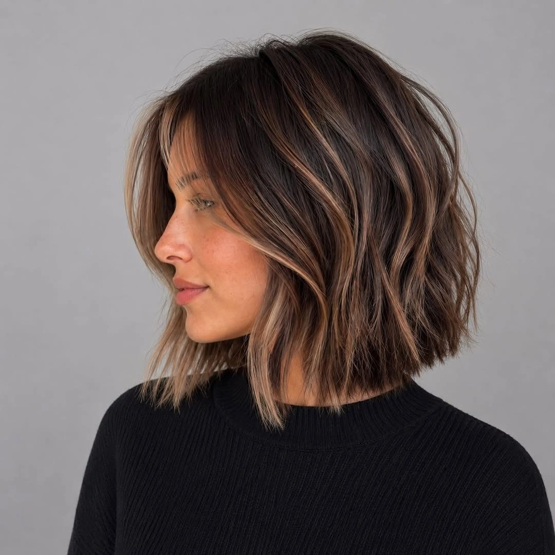 fall bob haircut ideas 2026 Wavy Bob With Caramel Ribbon Highlights