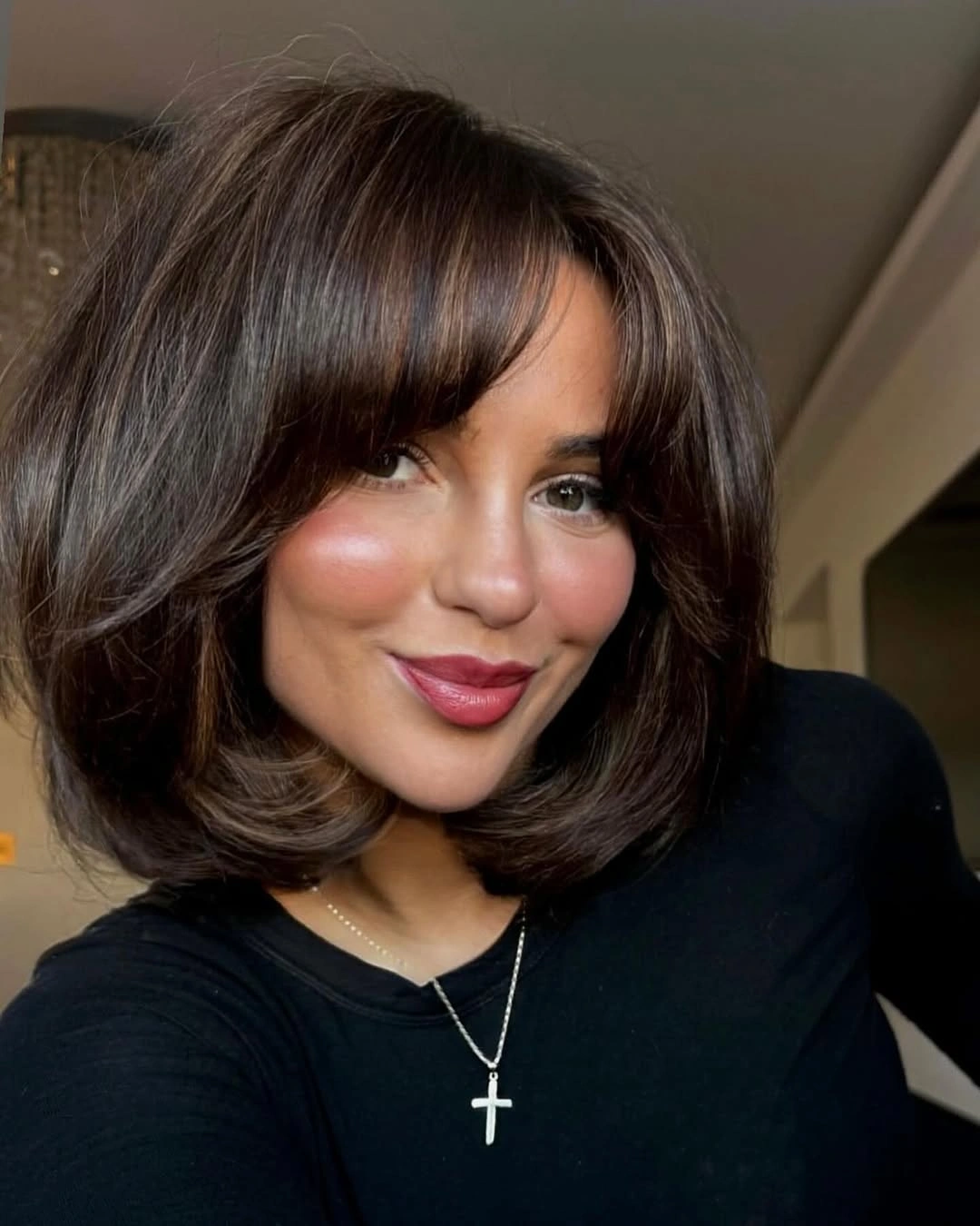 Fall brunette hair colour 2026 Chocolate Bob With Curved Curtain Bangs