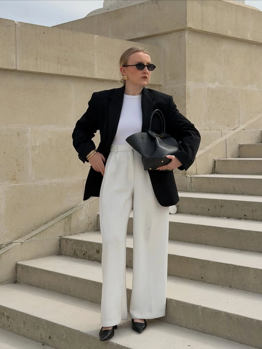 fall classy outfits women 2026 + Black Blazer and Cream Wide-Leg Trousers
