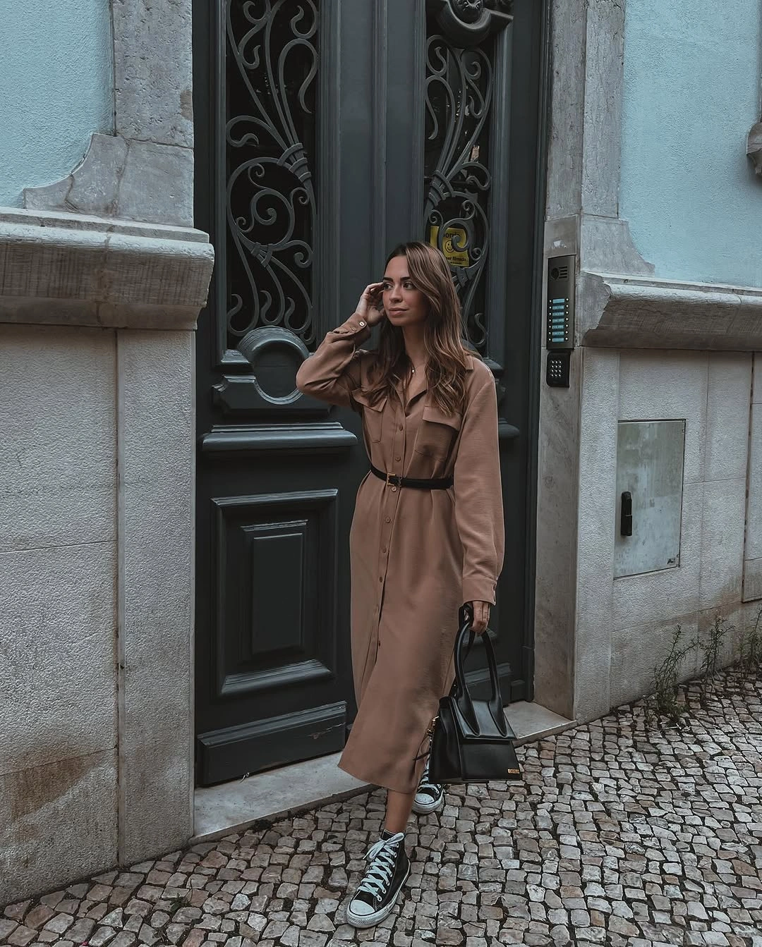 fall classy outfits women 2026 + Mocha Shirt Dress With High-Top Sneakers