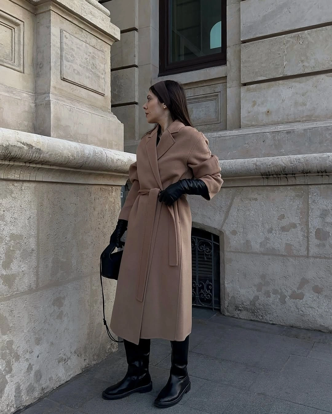 fall classy outfits women 2026 + Warm Camel Wrap Coat With Black Boots