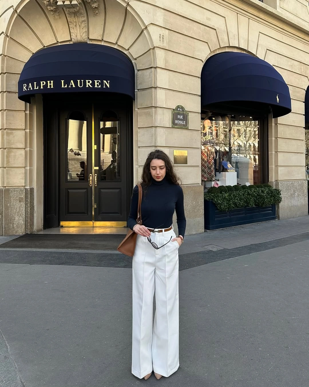 fall classy outfits women 2026 + Navy Turtleneck With White Tailored Trousers