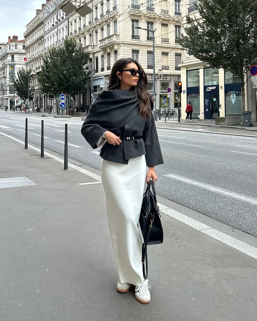 fall classy outfits women 2026 + Gray Belted Cape Jacket With a Satin Midi Skirt