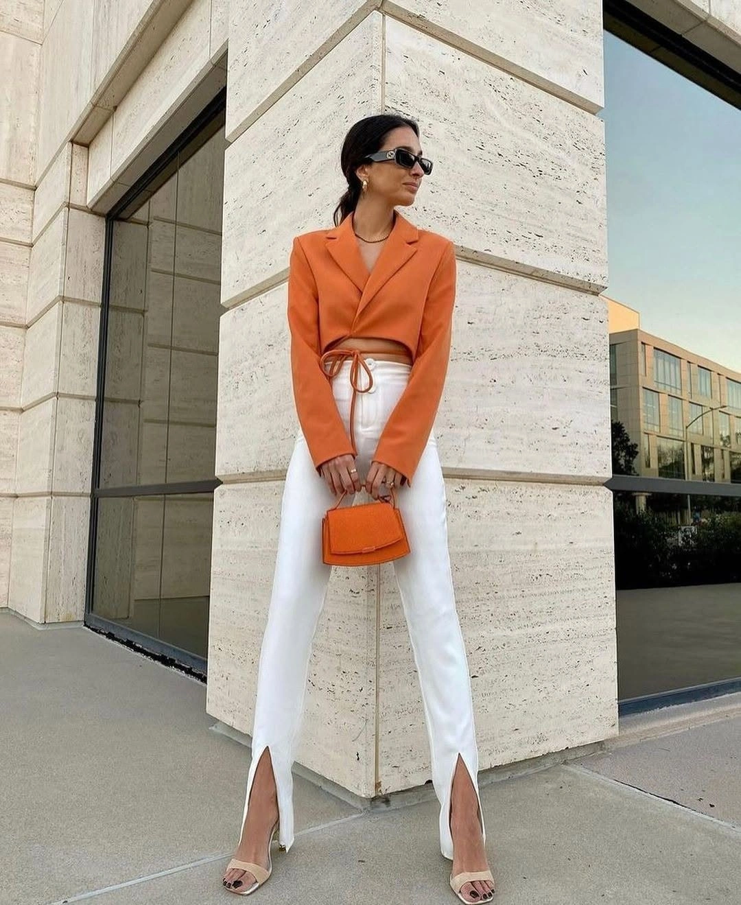 fall classy outfits women 2026 + Burnt Orange Blazer and White Split-Hem Pants