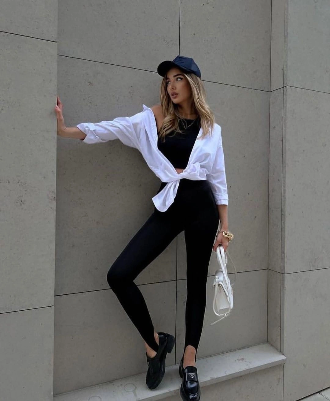 fall classy outfits women 2026 + Black Monochrome Set With a Knotted White Shirt