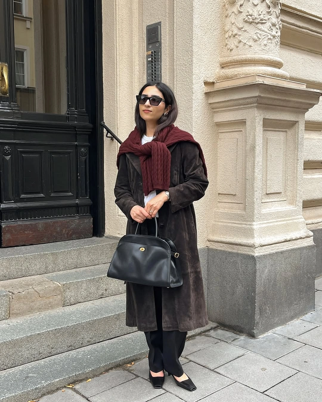 fall classy outfits women 2026 + Chocolate Coat and Burgundy Knit Layering