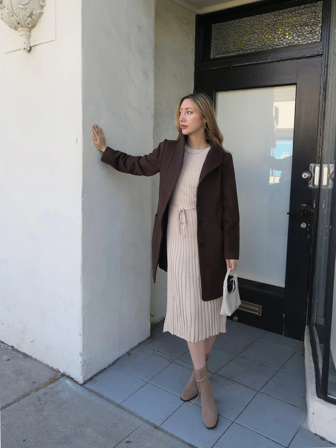 fall classy outfits women 2026 + Soft Neutral Knit Dress Under a Dark Brown Coat