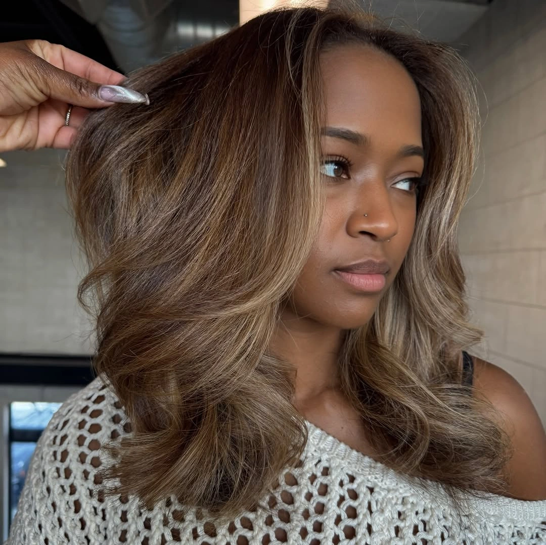 fall hair colors for black women 2026 Mushroom Bronde Waves With Soft Sweater Texture