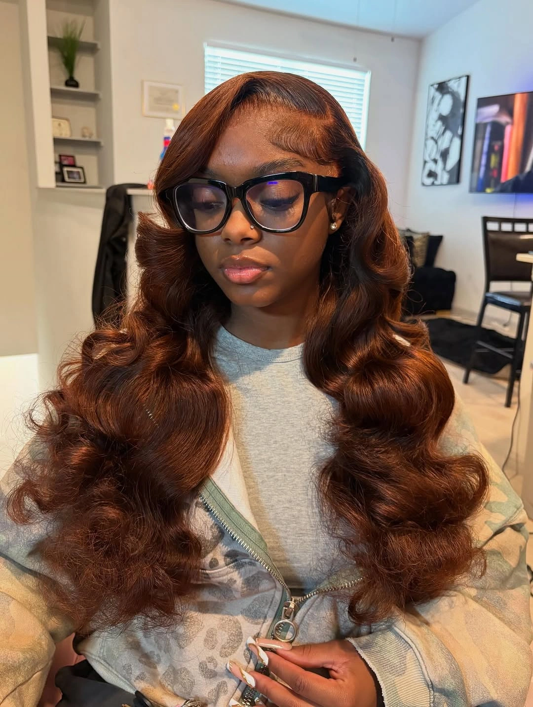 fall hair colors for black women 2026 Chocolate Copper Body Waves With Soft Glam Glasses