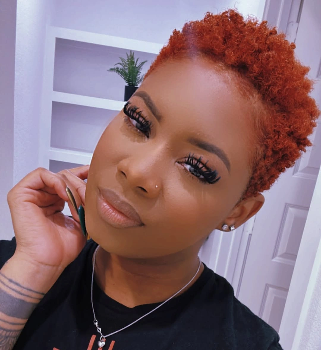 fall hair colors for black women 2026 Bright Ginger TWA With Clean Minimal Styling