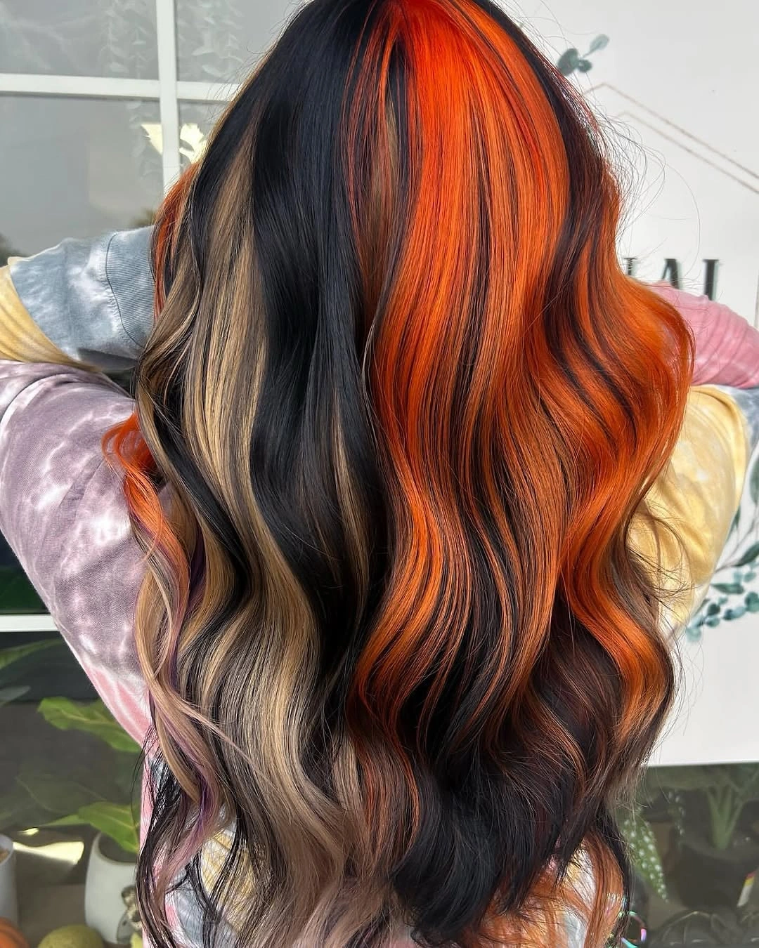 Fall hair colour ideas 2026 Pumpkin Spice Split Panels on Espresso Waves