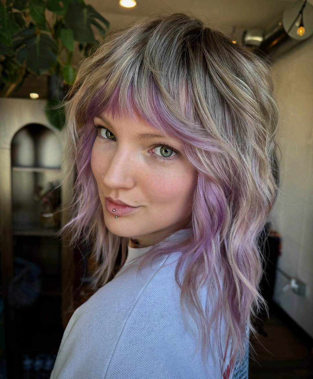 Fall hair colour ideas 2026 Smoky Blonde Shag with Lavender Wash