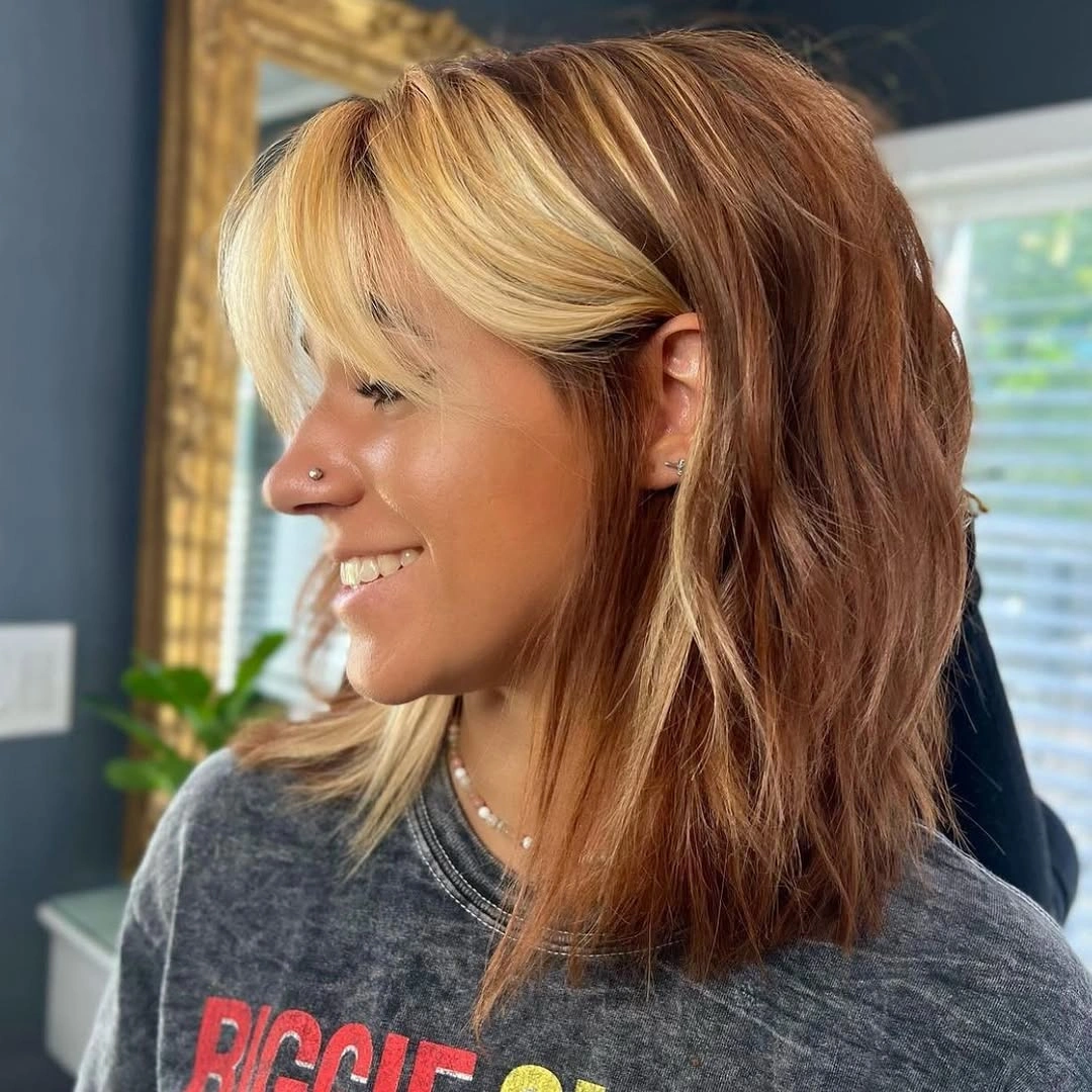 Fall hair colour ideas 2026 Cinnamon Bob with Blonde Money Pieces
