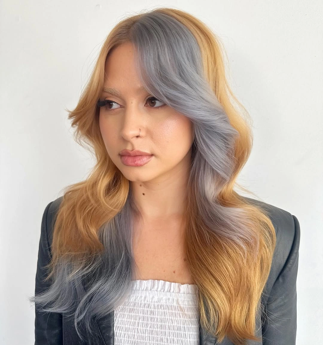 Fall hair colour ideas 2026 Honey Blonde and Smoky Silver Split Color