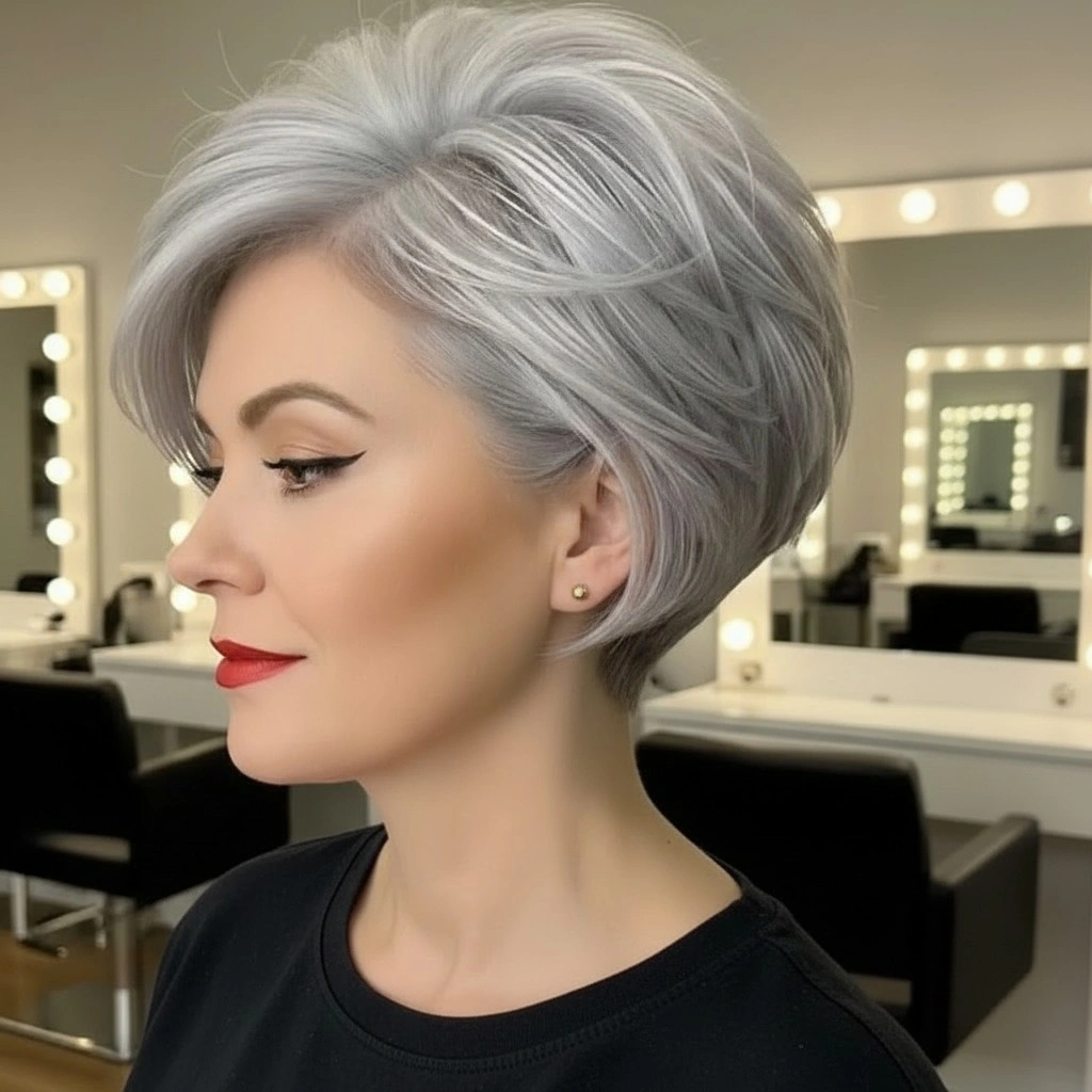 fall haircuts for women 2026 Silver Layered Pixie With Soft Lift