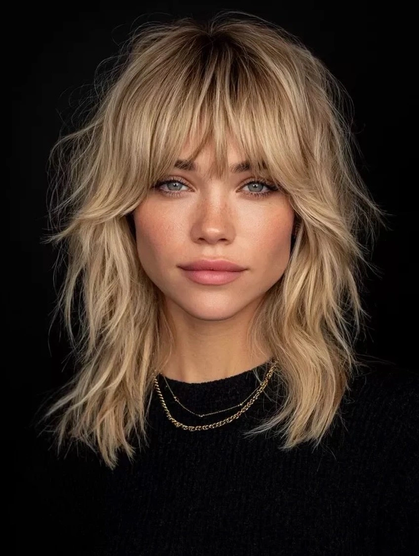 fall haircuts for women 2026 Blonde Shaggy Lob With Curtain Bangs