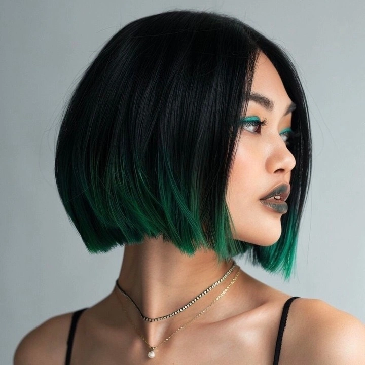 fall hairstyles 2026 Ink-Black Bob With Emerald Ends