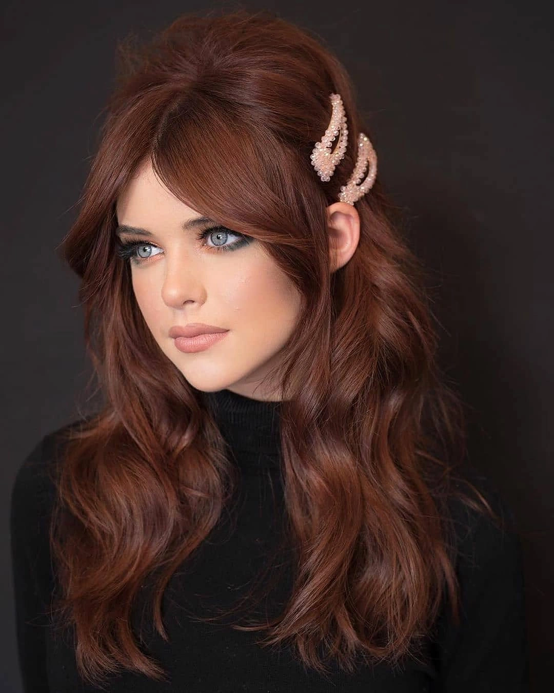 fall hairstyles for long hair 2026 Auburn Layers With Curtain Bangs and Pearl Clips