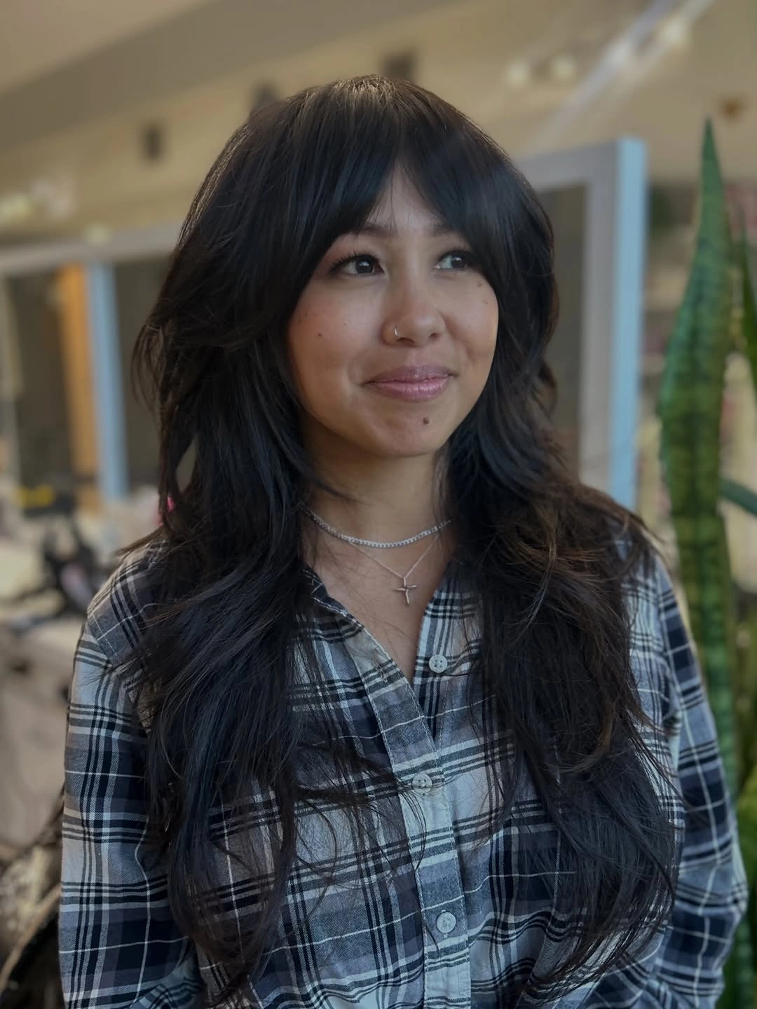 fall hairstyles for long hair 2026 Long Black Layers With Airy Bangs and Plaid-Shirt Cool