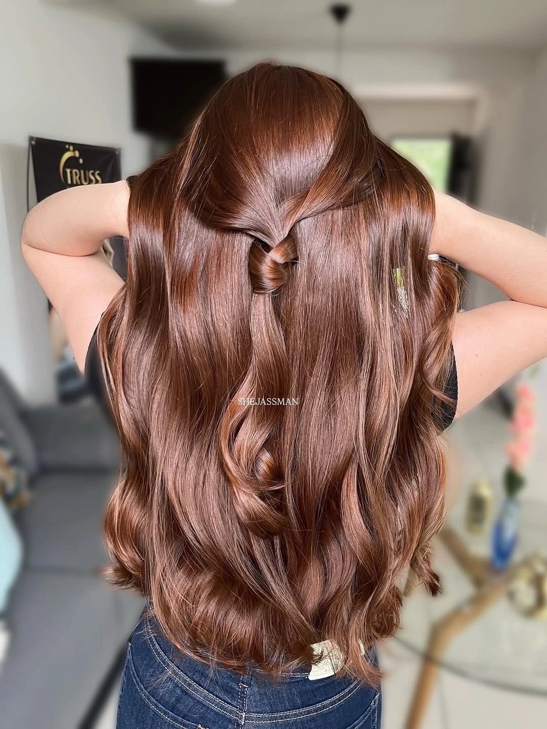 fall hairstyles for long hair 2026 Polished Copper Half-Up Waves With Soft Shine