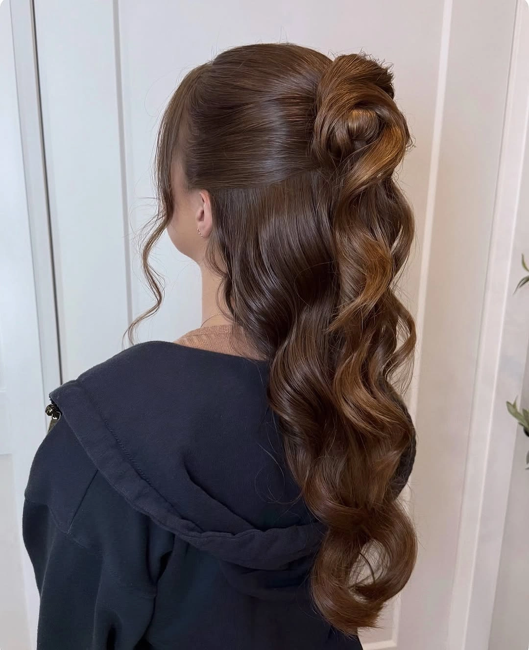 fall hairstyles for office 2026 Chocolate Half-Up Pony for a Soft Power Morning