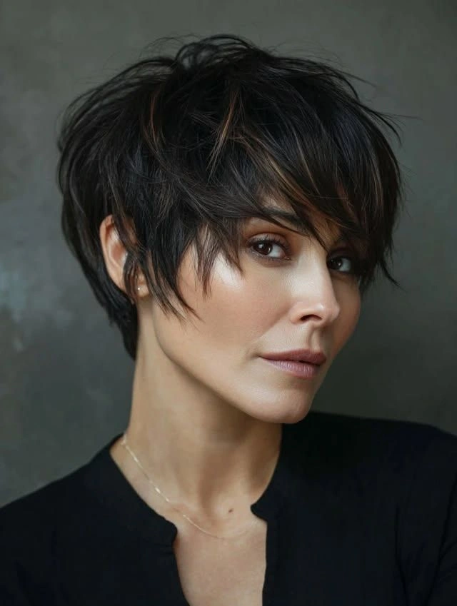 fall hairstyles for short hair 2026 Textured Dark Pixie With Long Sweeping Fringe